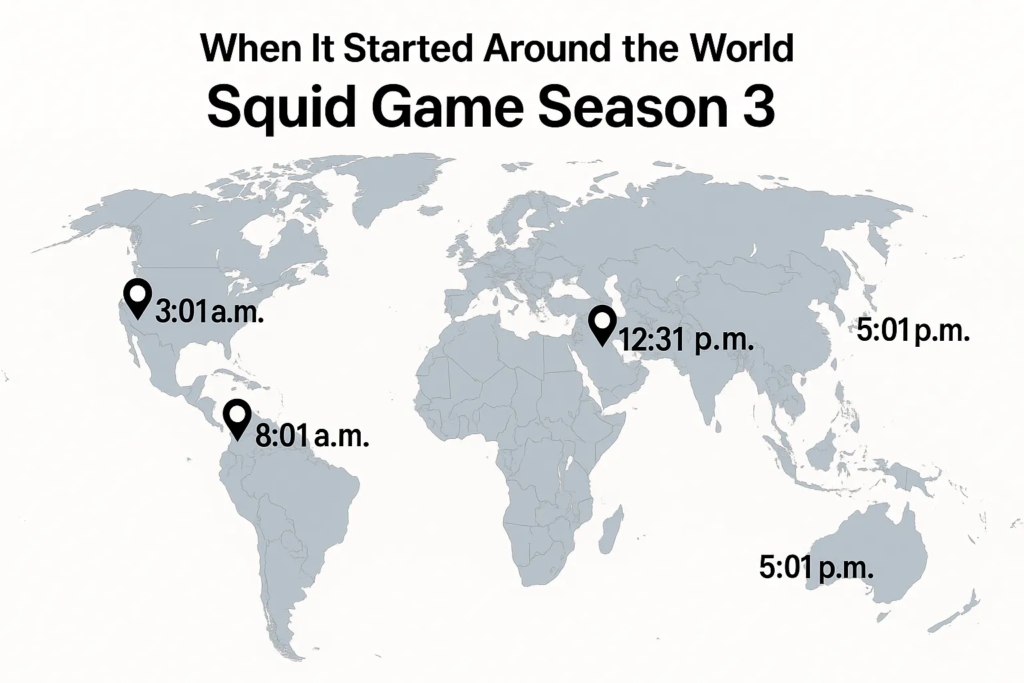 Release Timing Section World clock map / time zone chart Visually show global release times (e.g., US, UK, India, Pakistan, Australia).