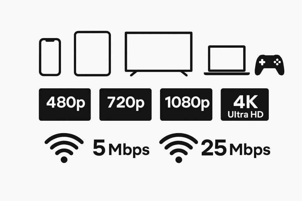 Infographic showing supported devices for Netflix streaming: smartphone, tablet, smart TV, laptop, and gaming controller. Below them are video quality options—480p, 720p, 1080p, and 4K Ultra HD—with required internet speeds of 5 Mbps for HD and 25 Mbps for 4K, visually represented with Wi-Fi icons.